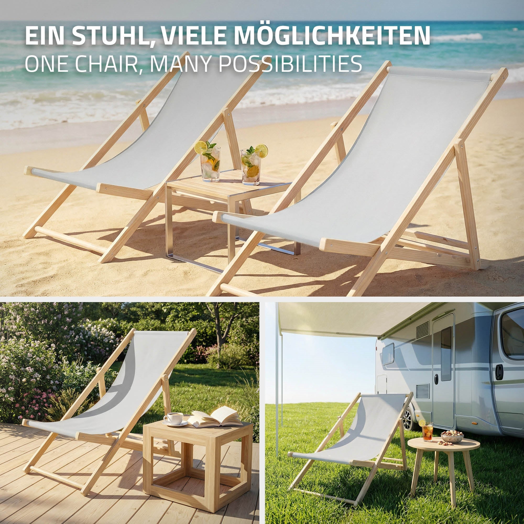Zwei Liegestühle am Strand mit einem Tisch und Pflanzen im Hintergrund.