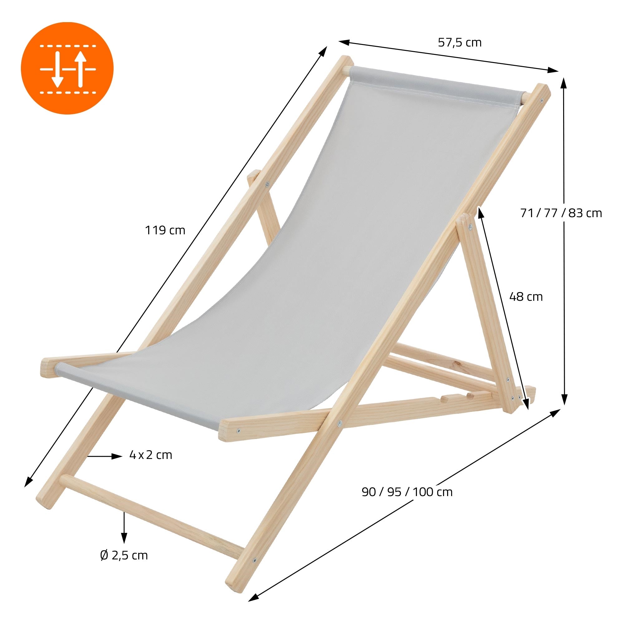 Liegestuhl aus Holz mit Maßen: 57,5 cm Breite, 119 cm Höhe, verstellbare Rückenlehne.