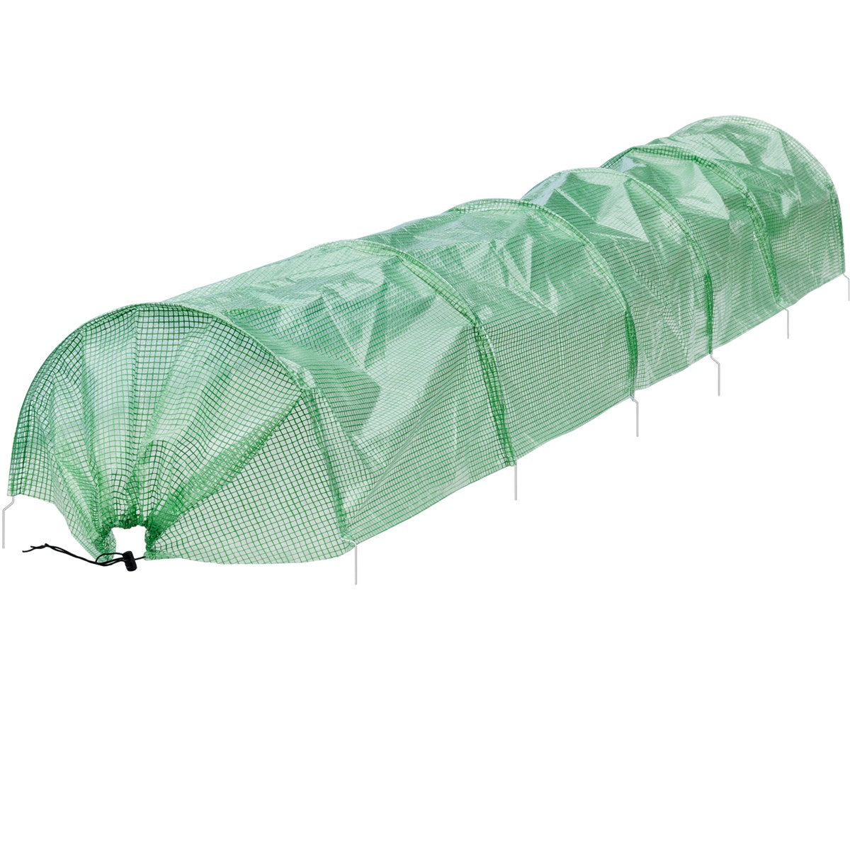 An elongated greenhouse with netting cover, set up in a field.