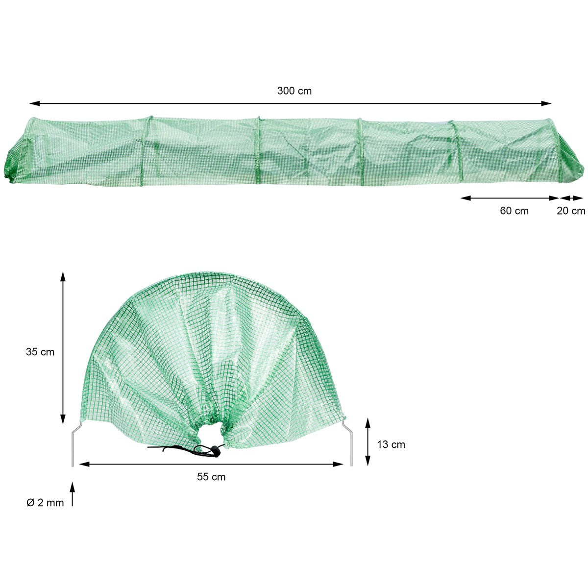 Grünes Abdeckmaterial mit Maßen und runder Form.