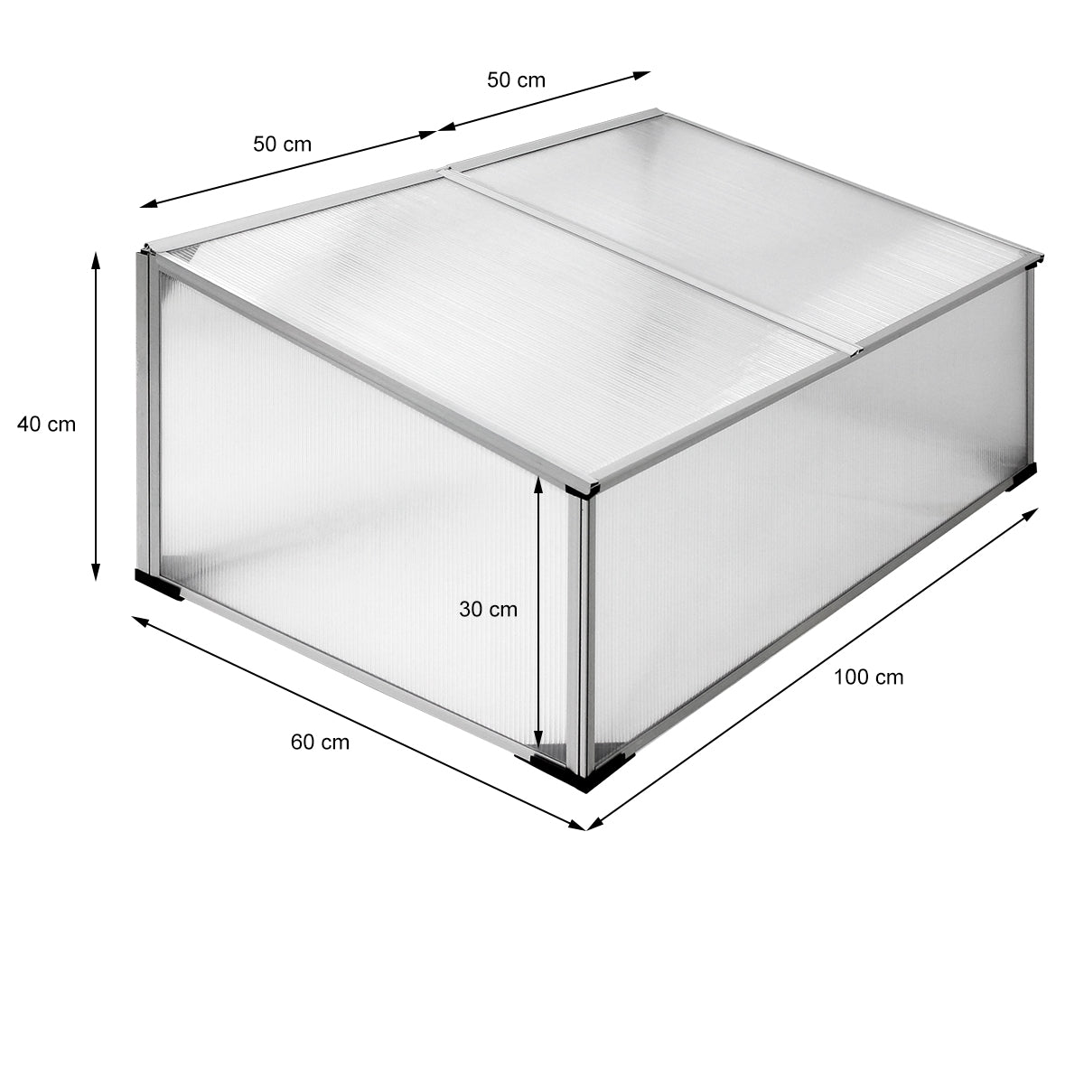 Et drivhus med mål: 100 cm x 60 cm x 40 cm, med gennemsigtige vægge.