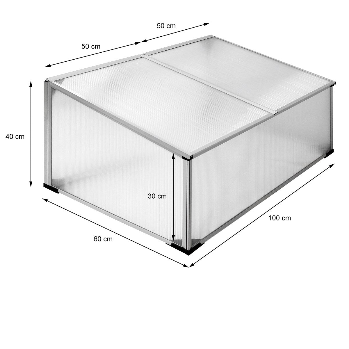 Ein Gewächshaus mit Maßen: 100 cm x 60 cm x 40 cm, mit transparenten Wänden.