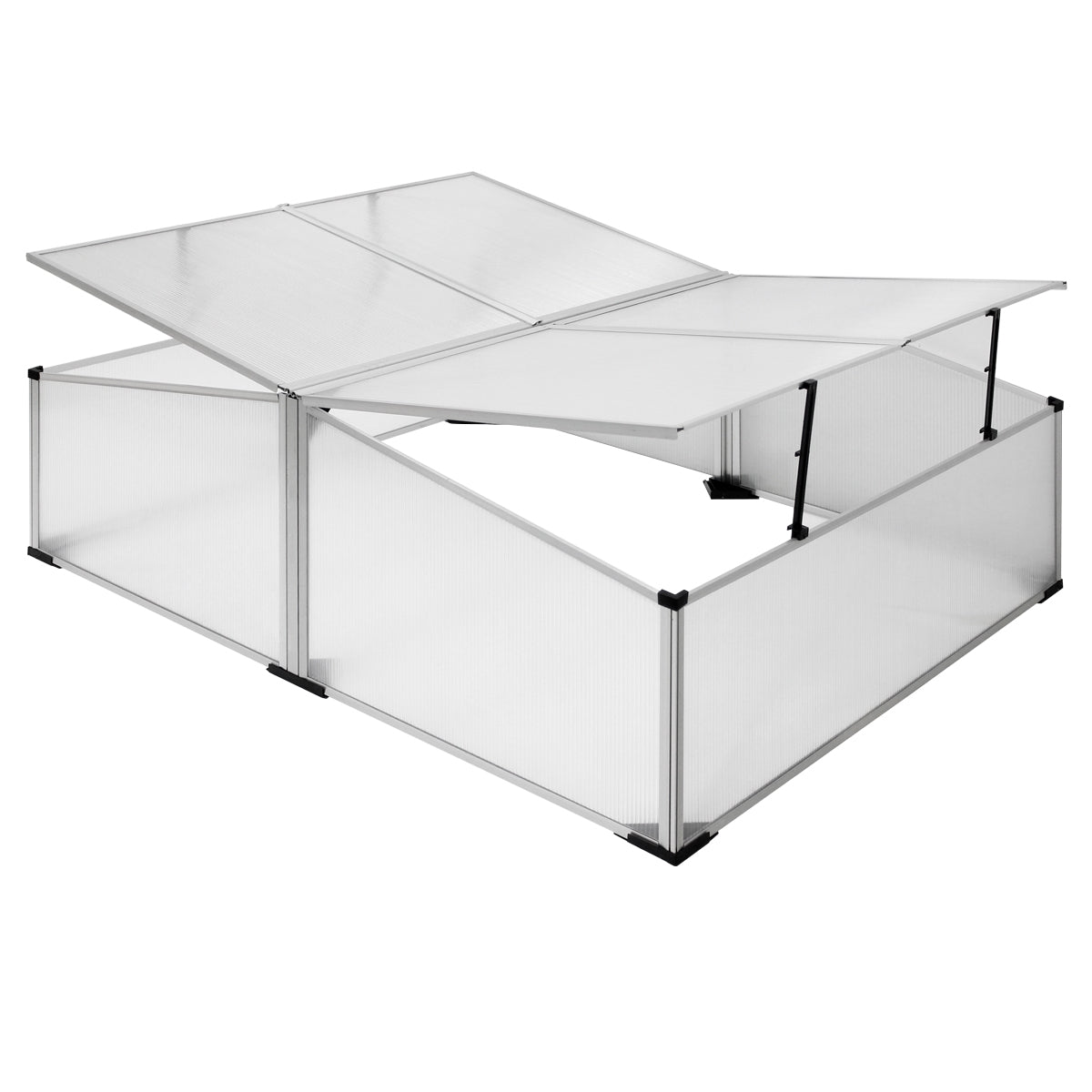 Un marco de invernadero transparente de aluminio con dos techos abiertos.