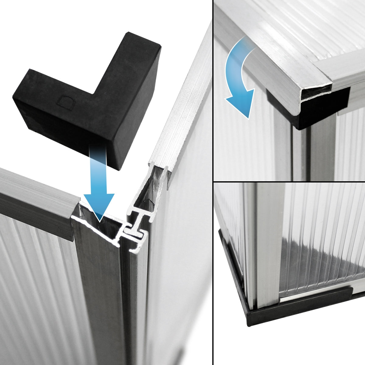 Parte de plástico negro se inserta en un perfil de aluminio.