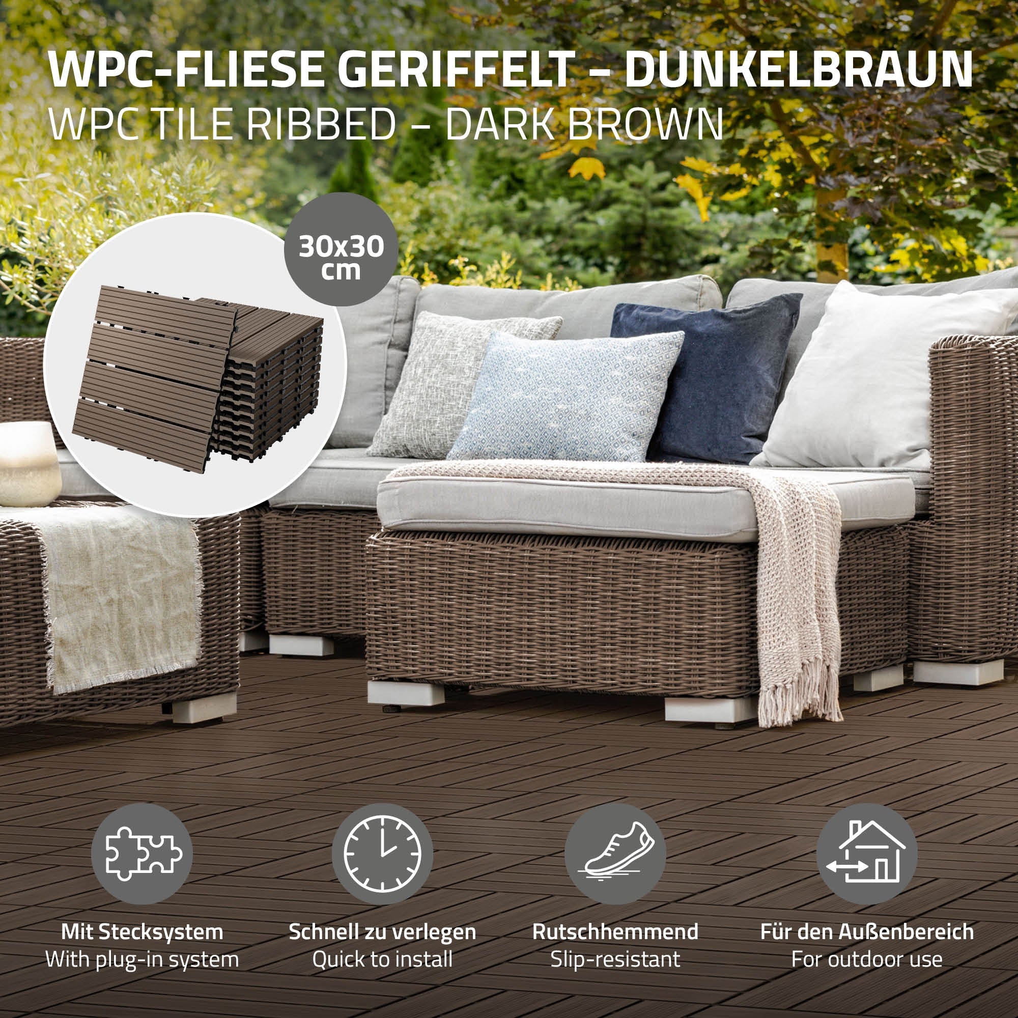 WPC-Fliesen in dunkelbraun, 30x30 cm, für den Außenbereich.