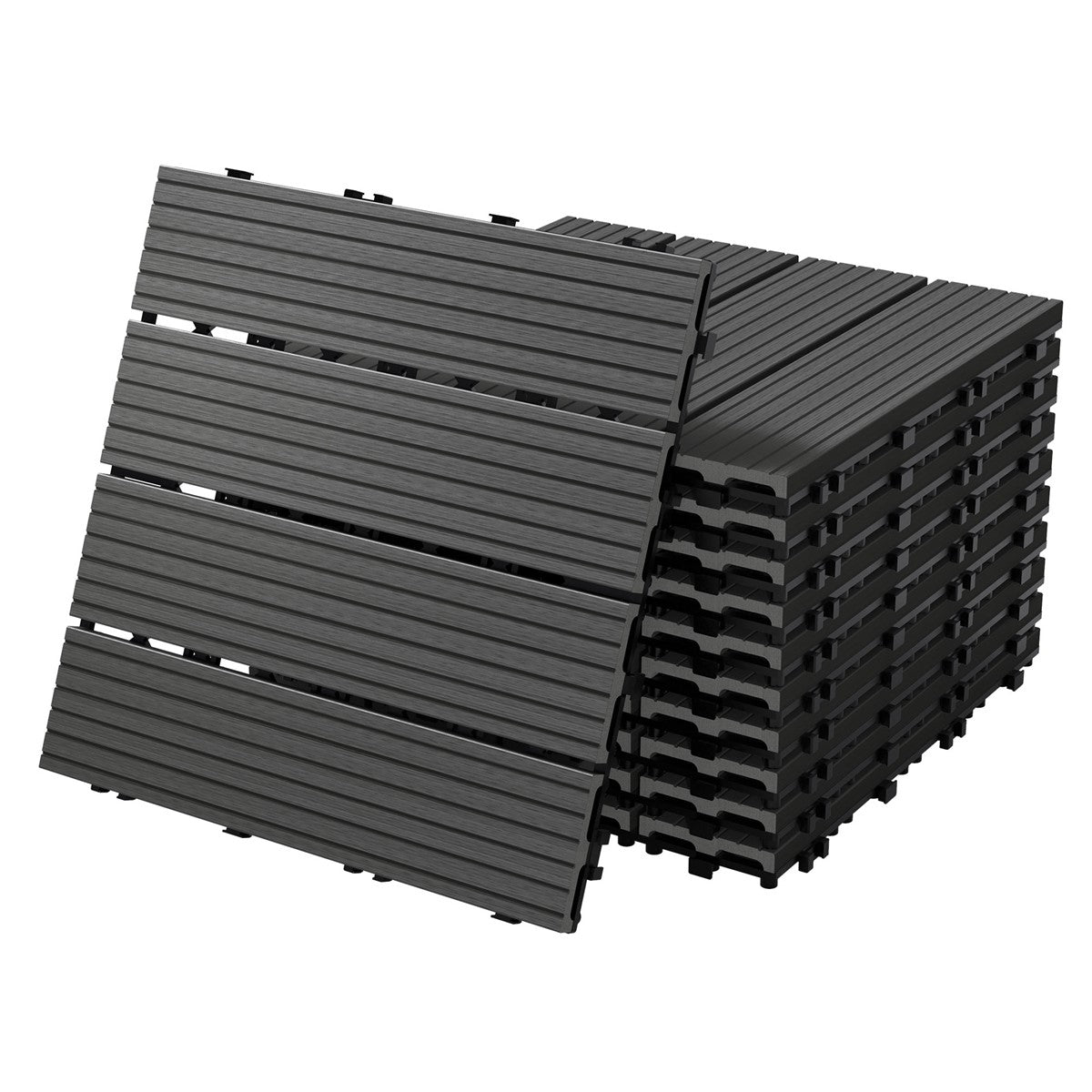 Stack of black wood and plastic tiles in various positions.