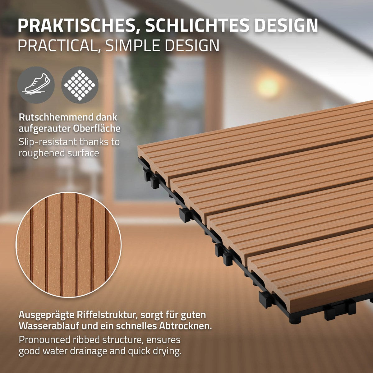 Holzplanken mit rutschfester Oberfläche, in brauner Farbe, auf einem Untergrund.