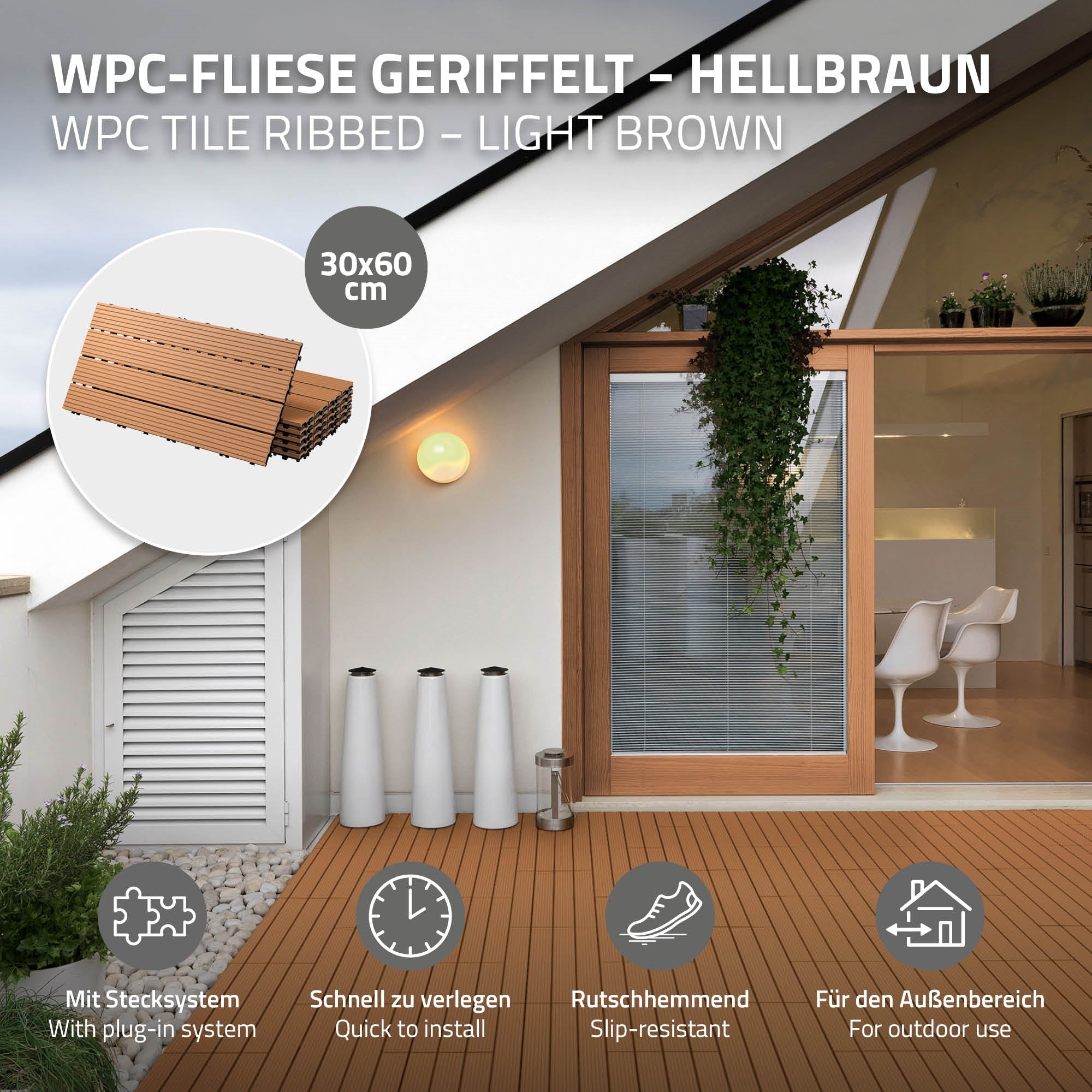 WPC-Fliesen in hellbraun mit Informationen zu Abmessungen und Eigenschaften.