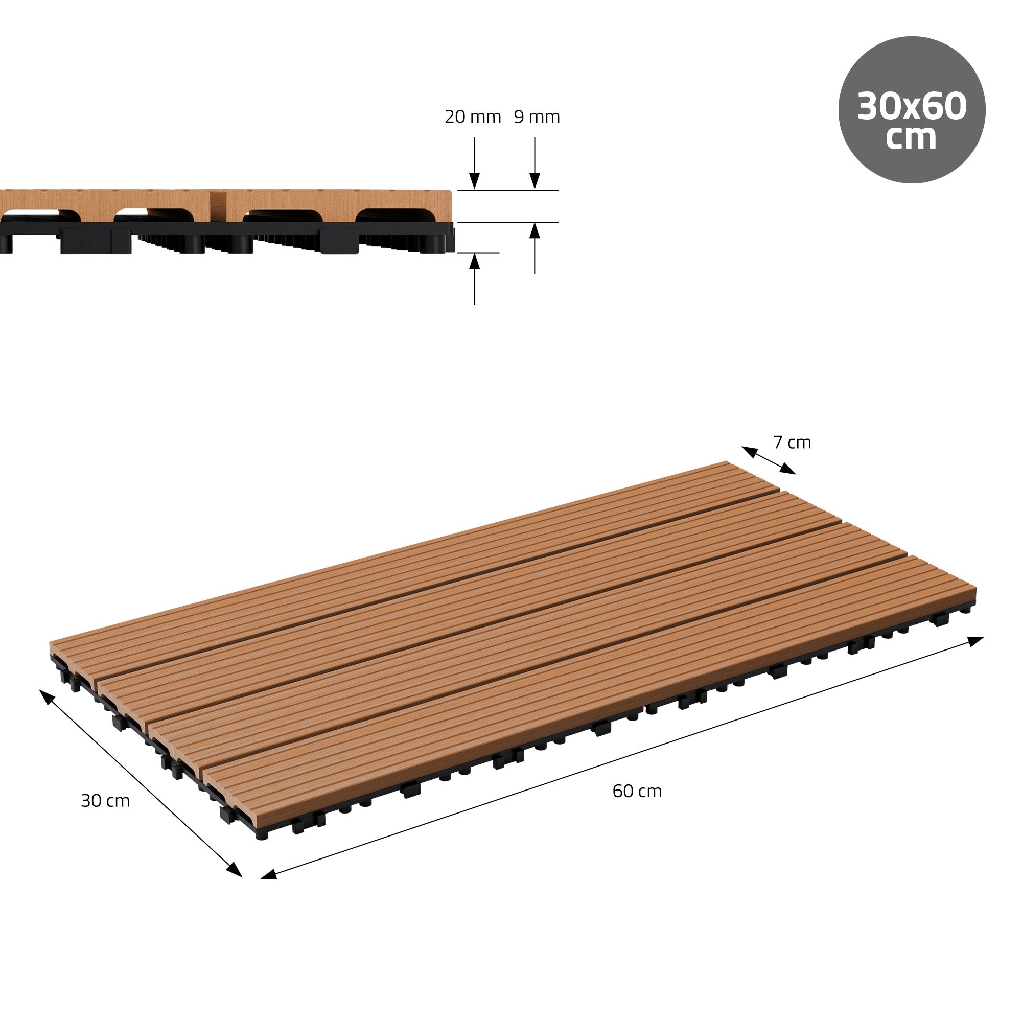 Wooden board with dimensions 30x60 cm and 20 mm thickness, on a white background.