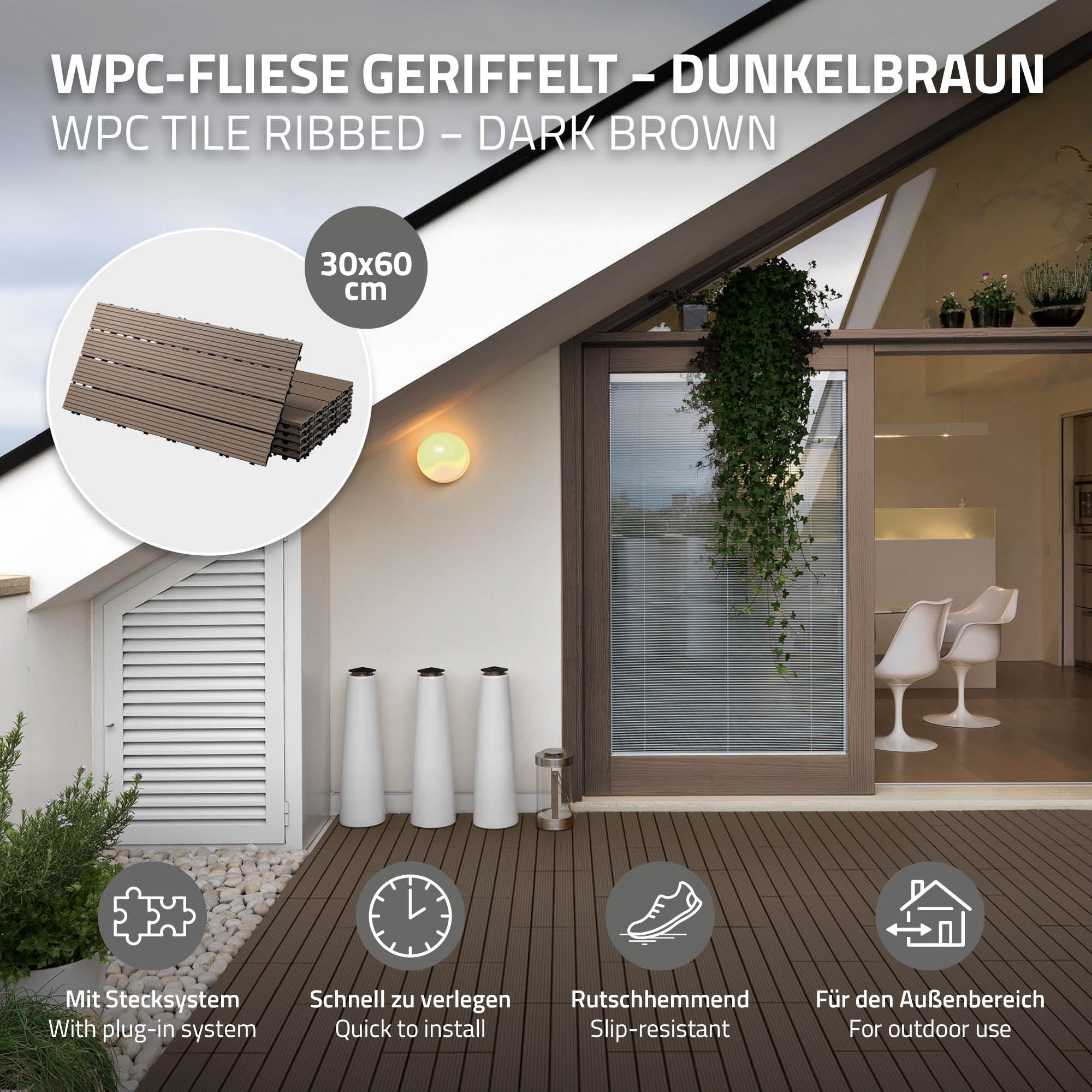 Dunkelbraune WPC-Fliesen auf einer Terrasse mit Pflanzen und Fenster.