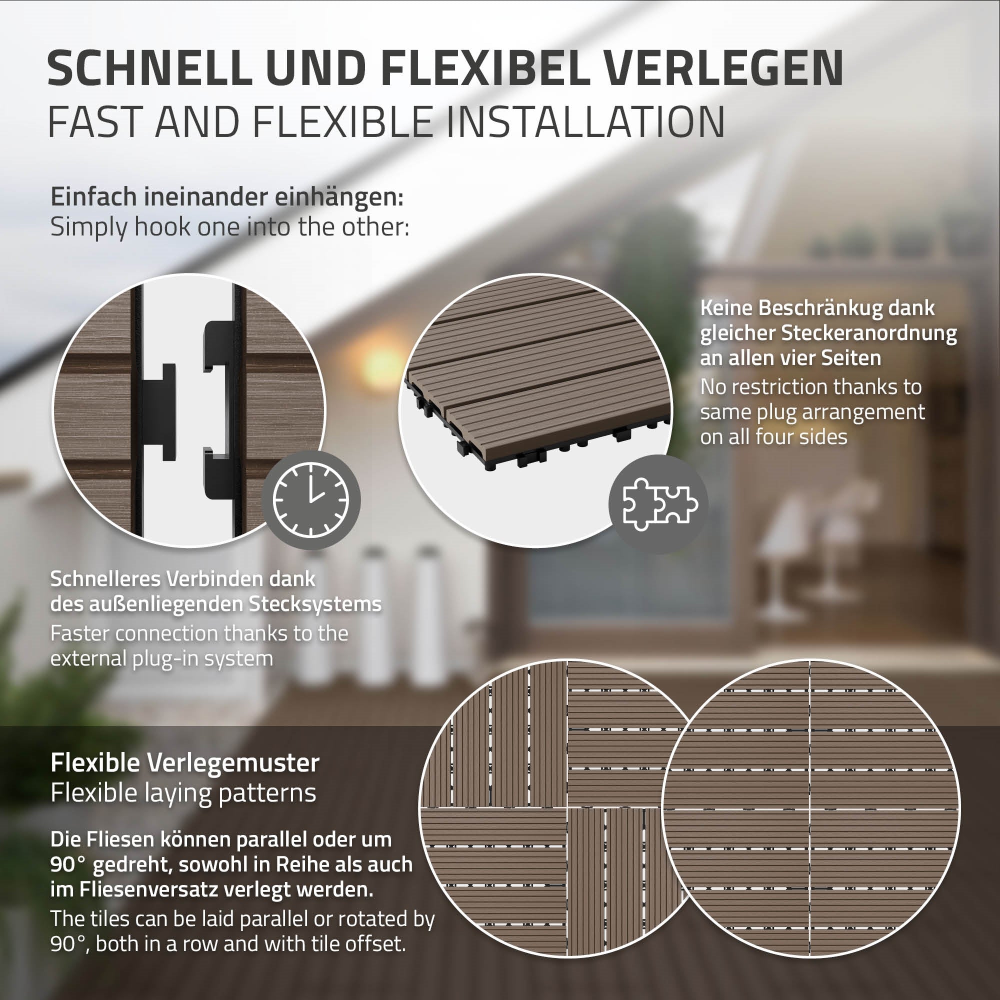 Grafik zur flexiblen Verlegung von Bodenplatten mit verschiedenen Mustern.