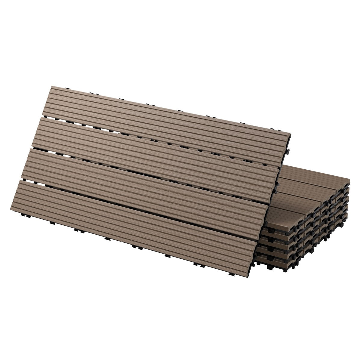 Stacked brown WPC decking boards on a white background.