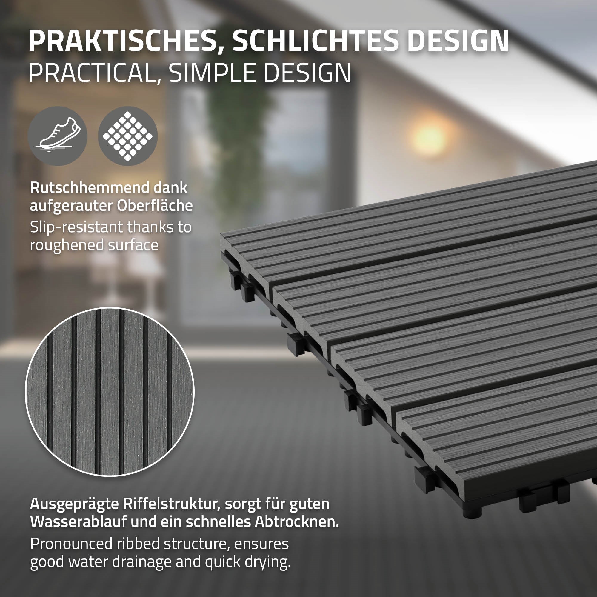 WPC-Fliese mit rutschhemmender Oberfläche und ausgeprägter Riffelstruktur.