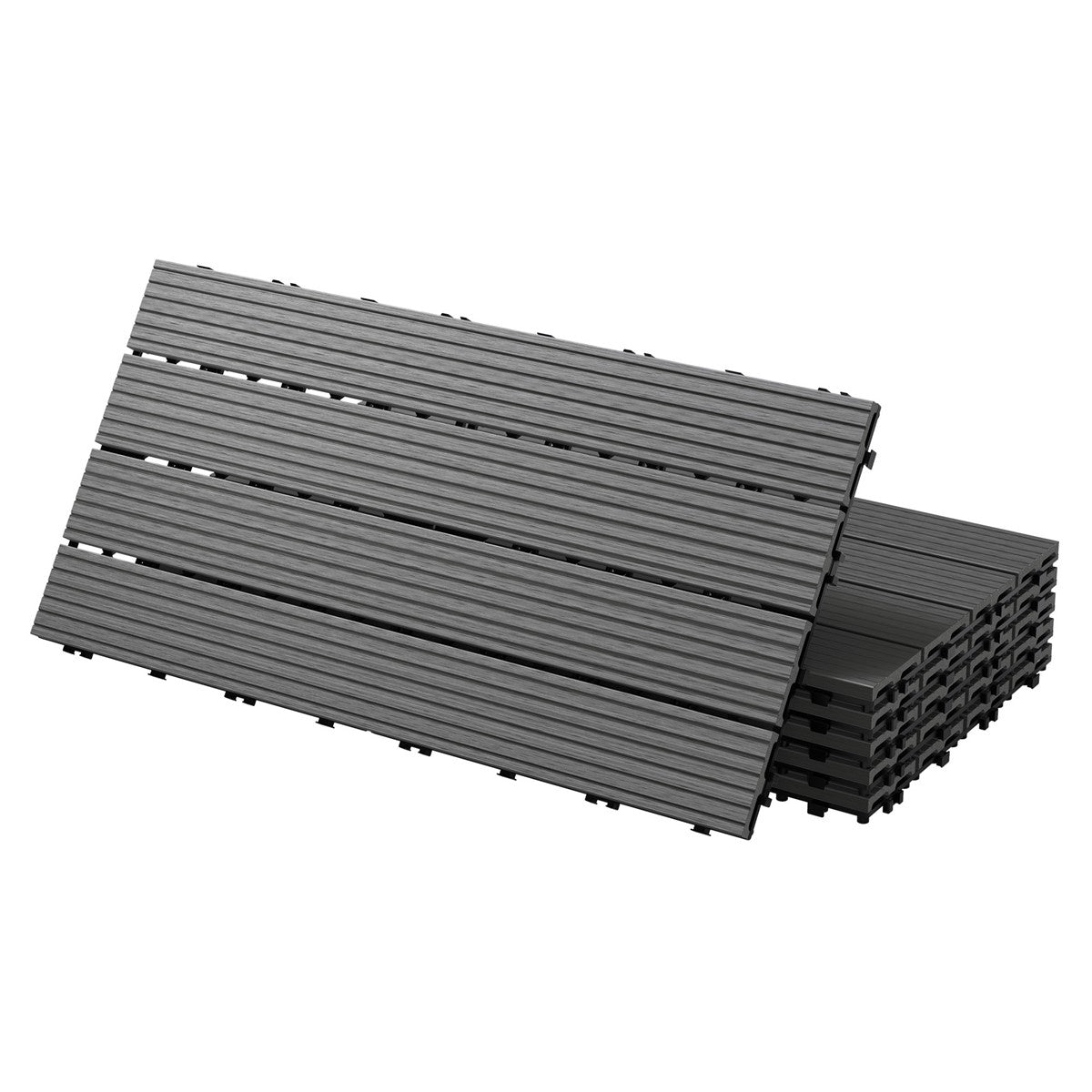 Black WPC tiles stacked, with a grooved surface.