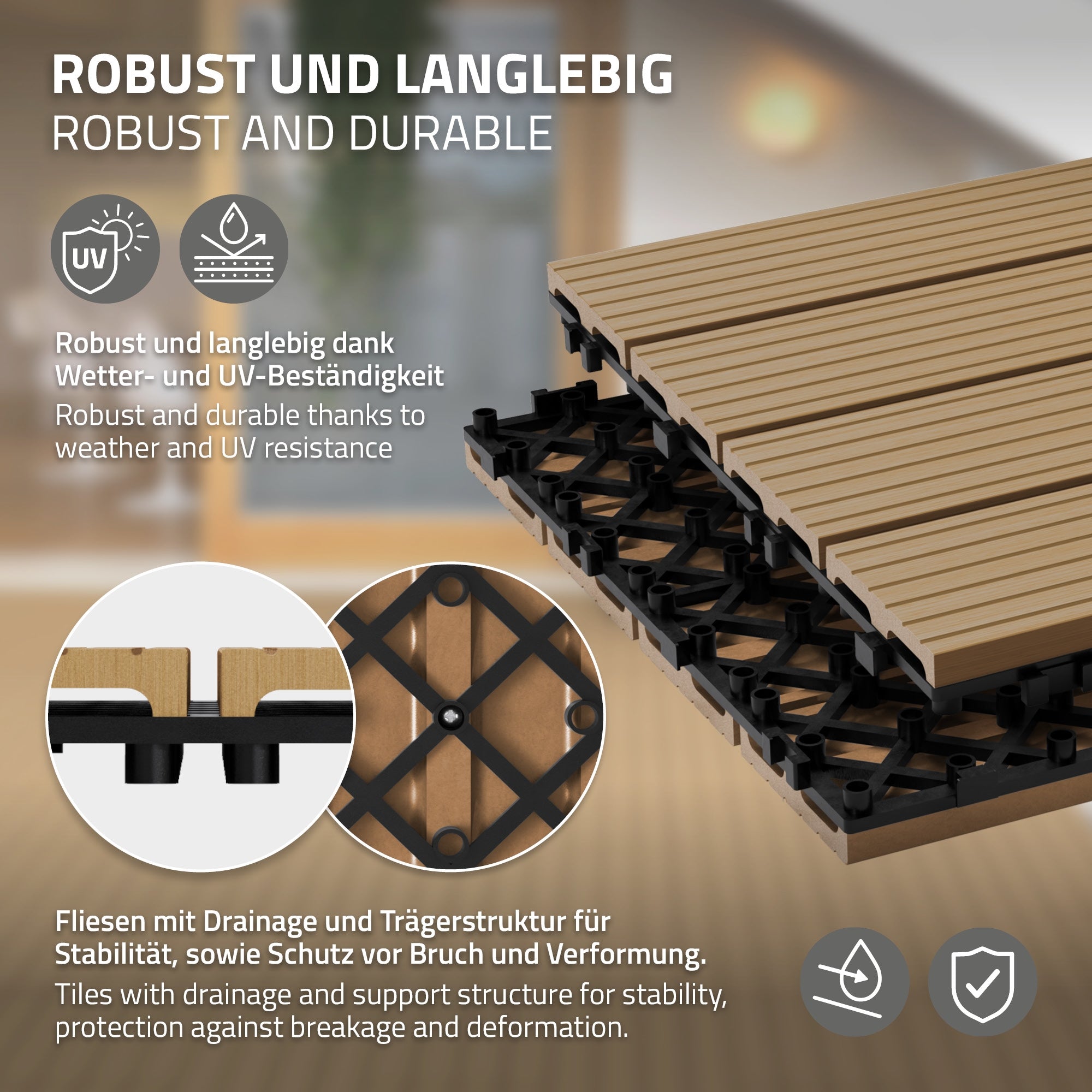 Grafik zu robusten und langlebigen Fliesen mit Drainage und UV-Beständigkeit.