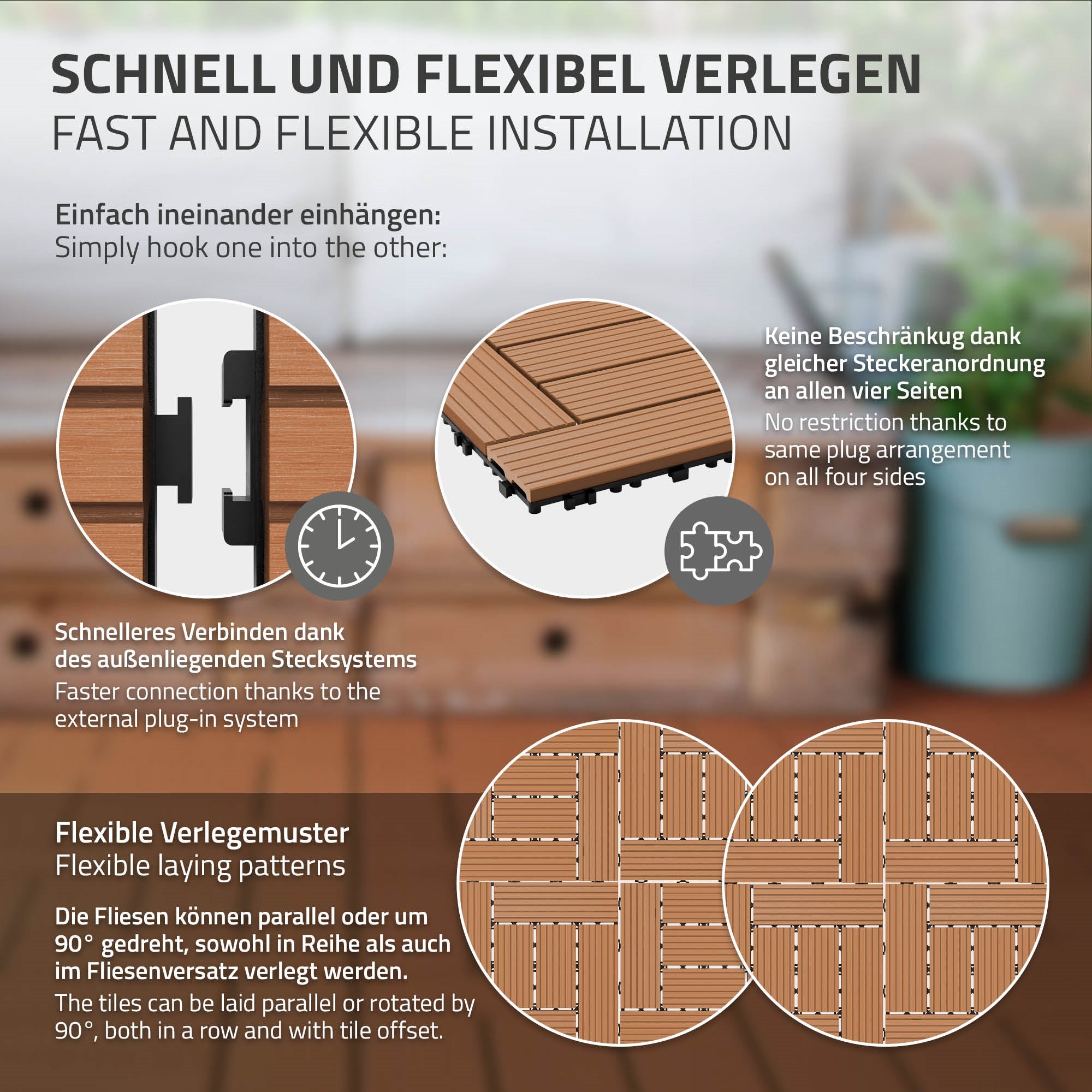 Grafik zu schneller und flexibler Verlegung von Fliesen mit Stecksystem.