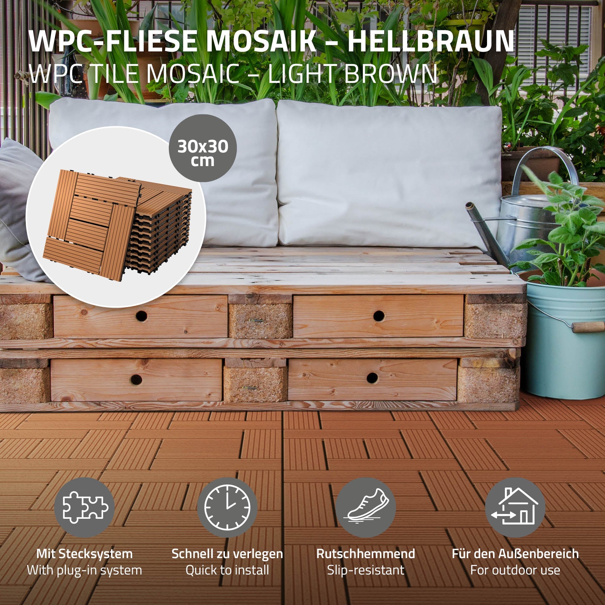 WPC-Fliese Mosaik in hellbraun, 30x30 cm, auf einer Terrasse mit Möbeln.