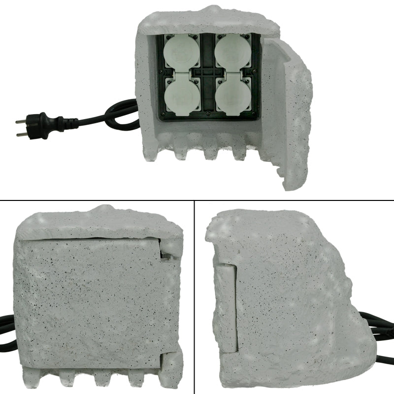 Concrete block with sockets and cable connection, presented in three dimensions.