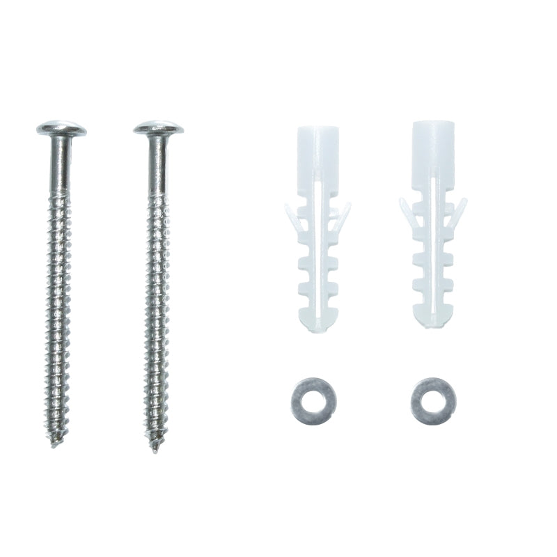Two screws, two dowels, and a washer on a white background.