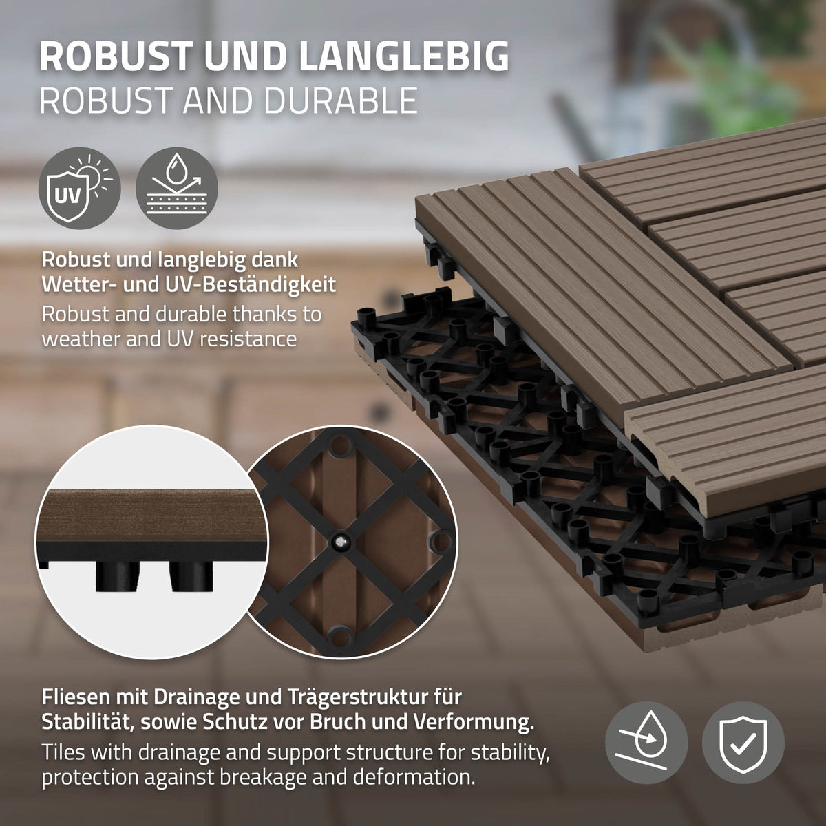 Grafik af robuste og holdbare fliser med dræning og UV-bestandighed.