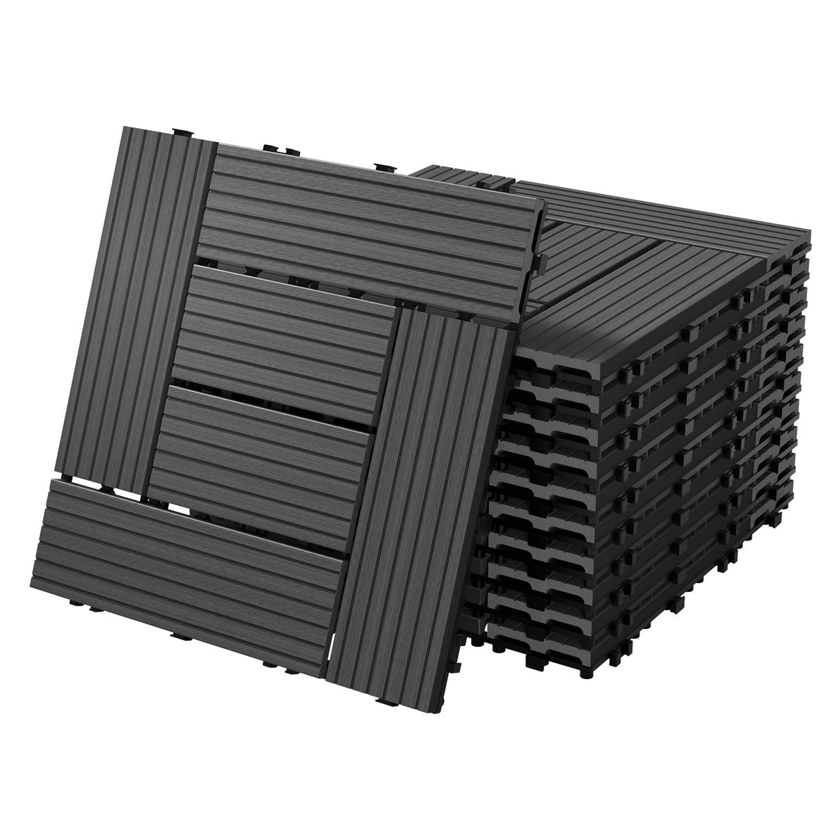 Stacked black floor tiles with a textured surface.