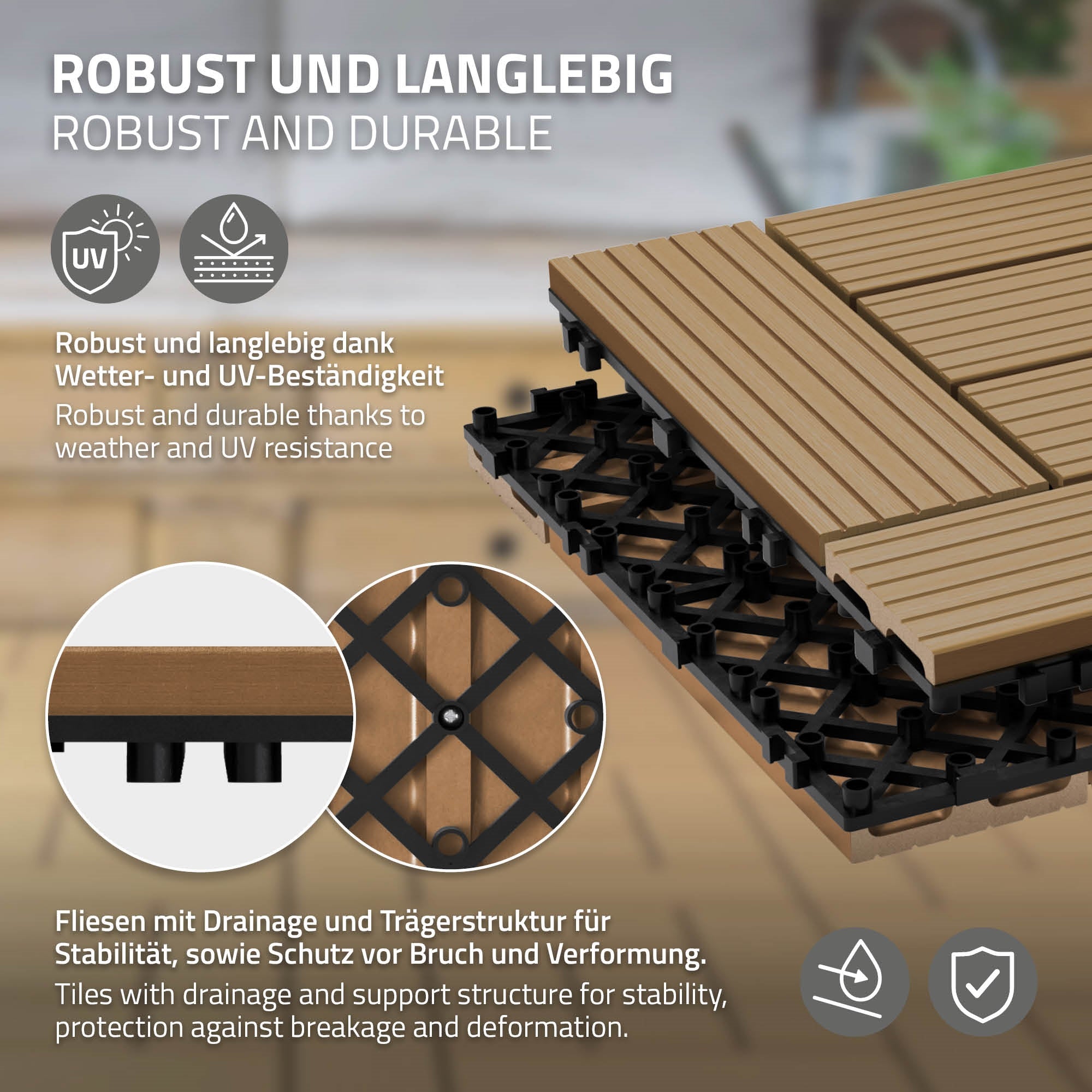 Detailní záběr dlaždic s drenážním a nosným systémem pro stabilitu.