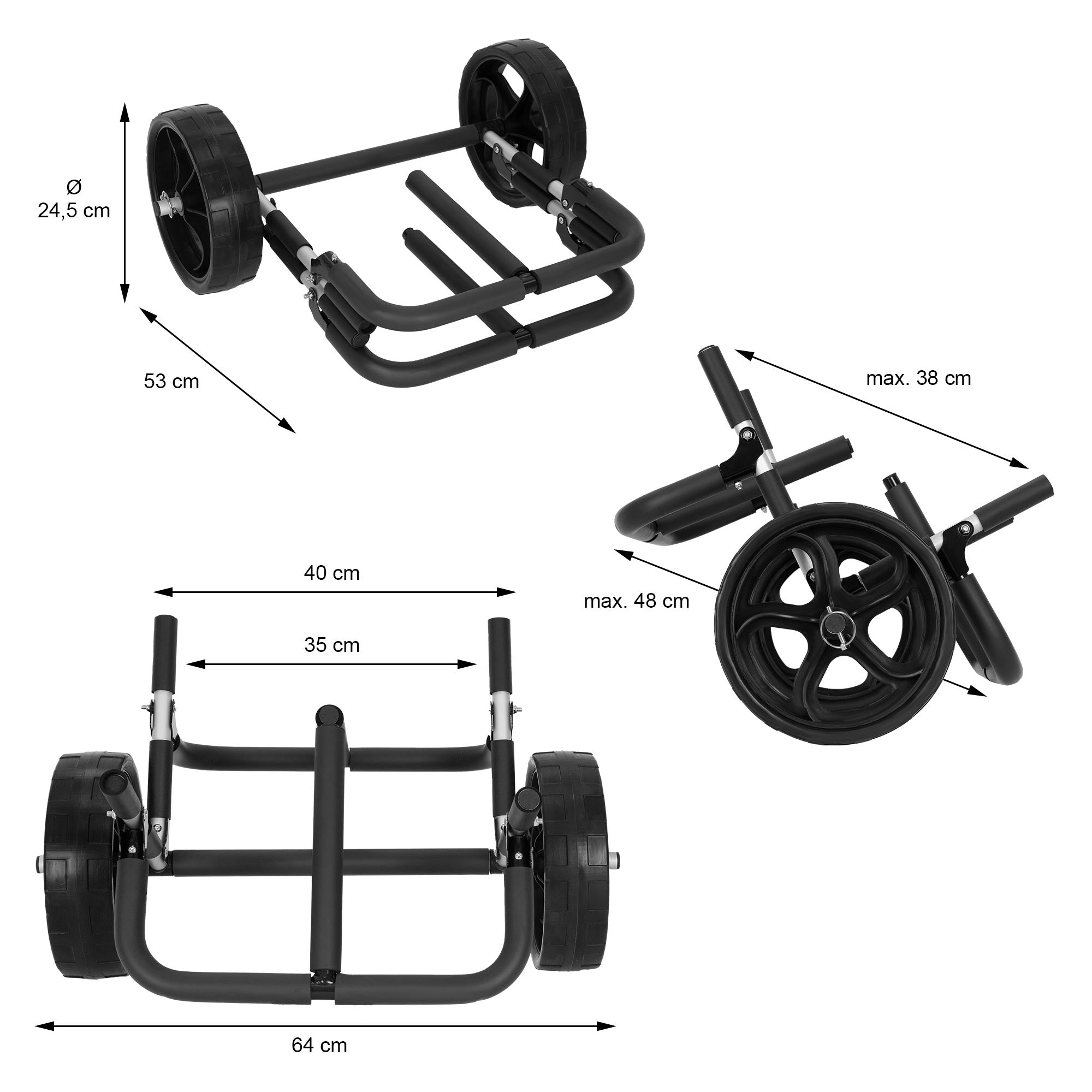 Ein zusammenklappbarer Wagen mit zwei großen Rädern und Maßen in Schwarz.
