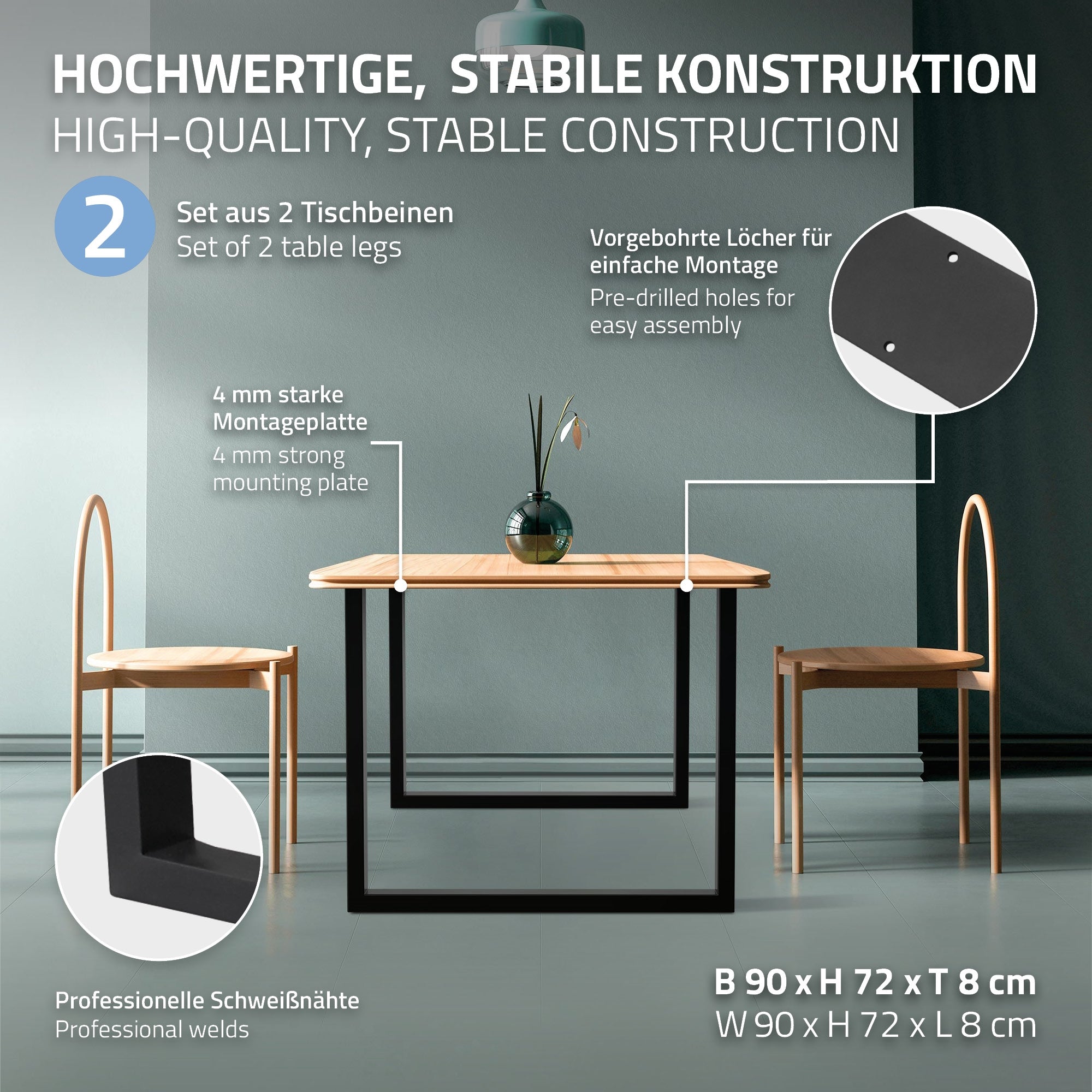 Tisch mit stabiler Konstruktion, zwei Stühle und eine Beschreibung der Montage.