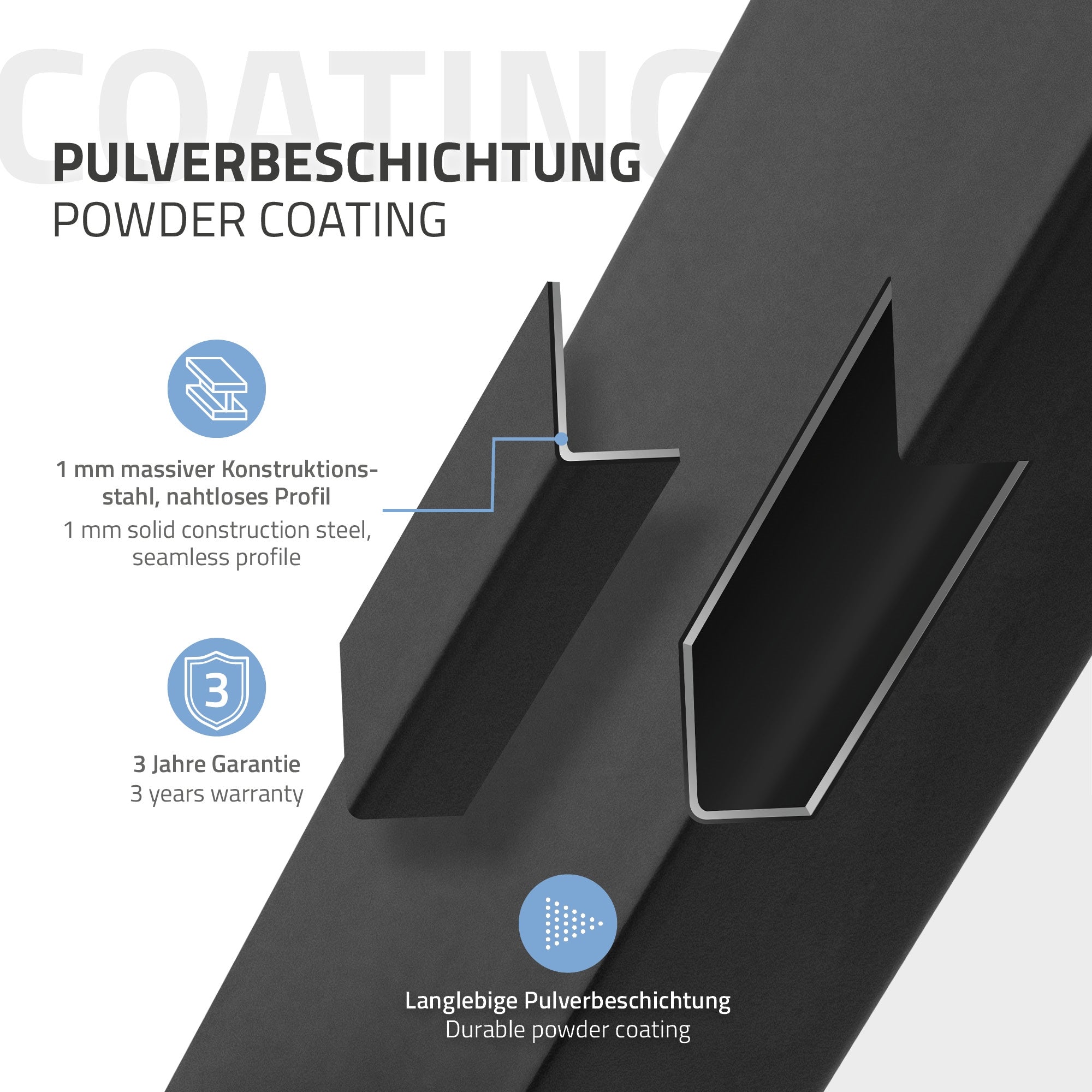 Detailansicht eines Rahmens mit Informationen zur Pulverbeschichtung.