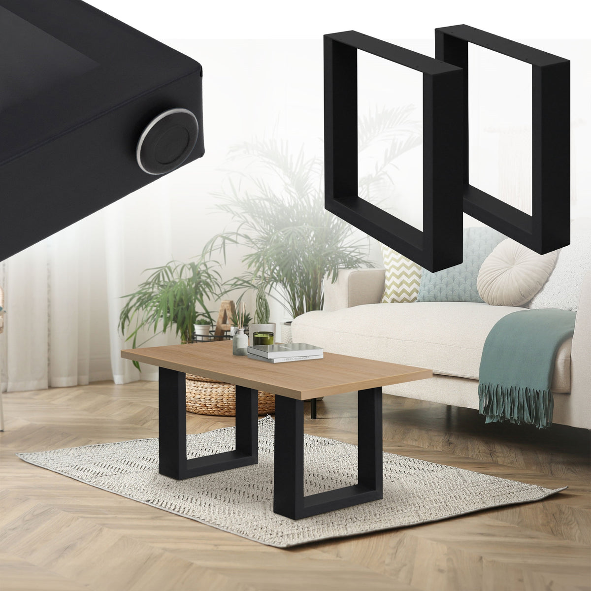 Black table with wooden top, surrounded by a sofa and a rug.