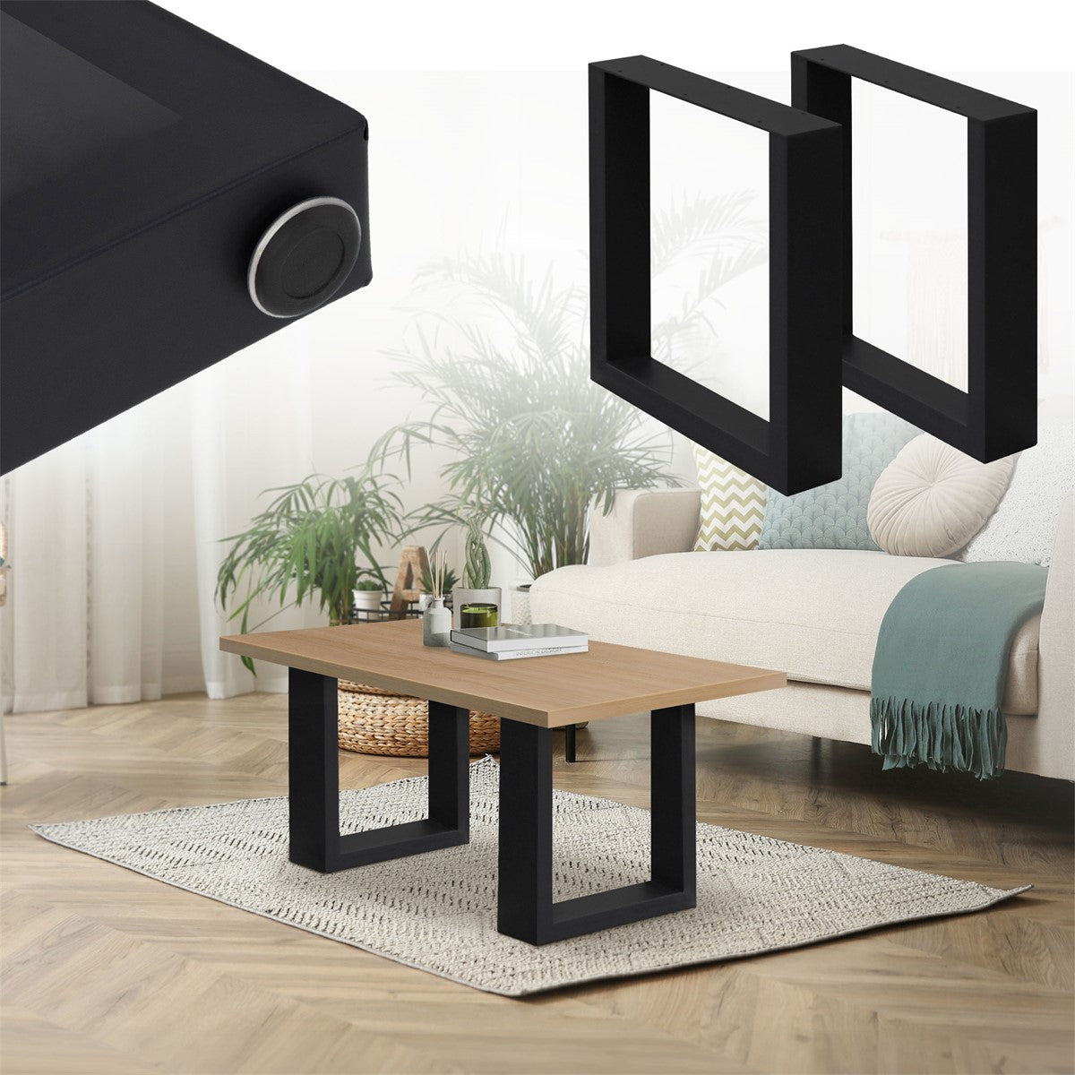 Black table with a wooden top, surrounded by a sofa and a rug.