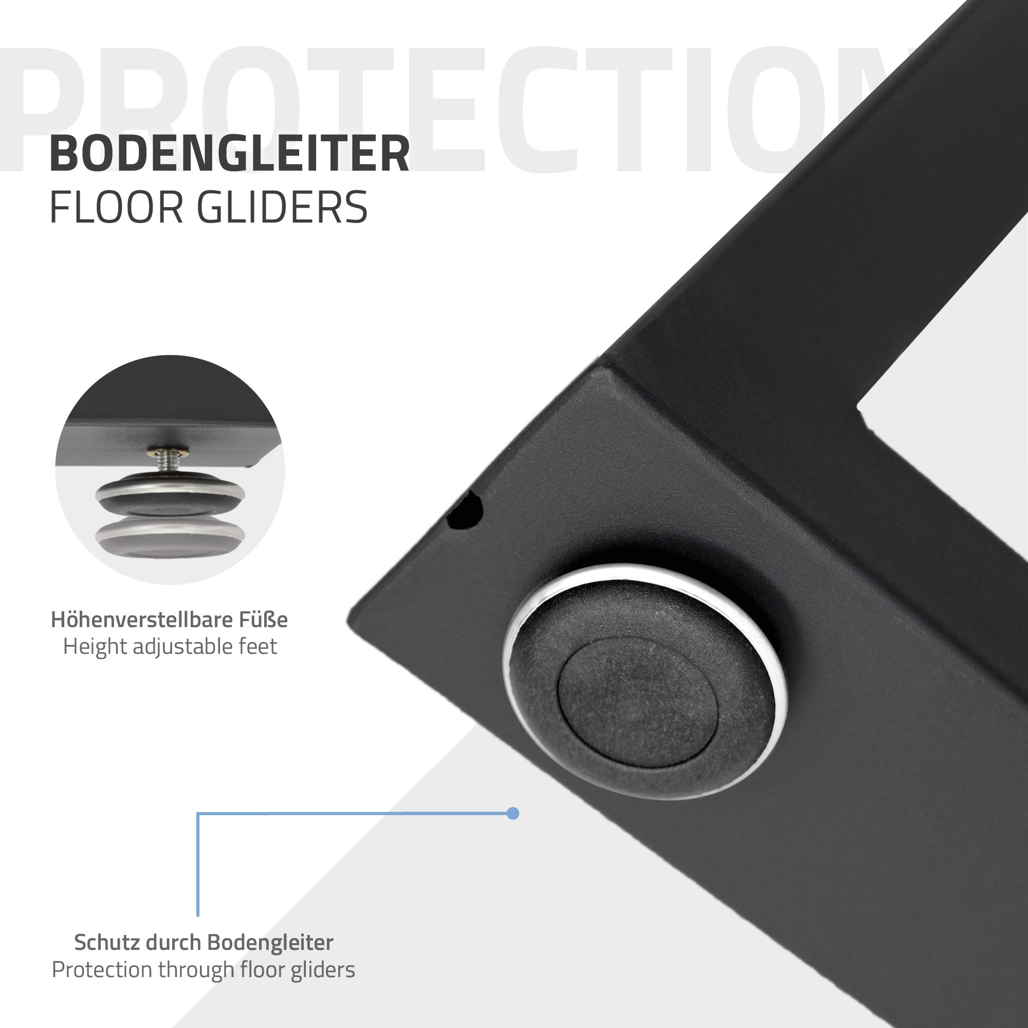 Bodenleiste mit höhenverstellbaren Füßen und Schutz durch Bodengleiter.