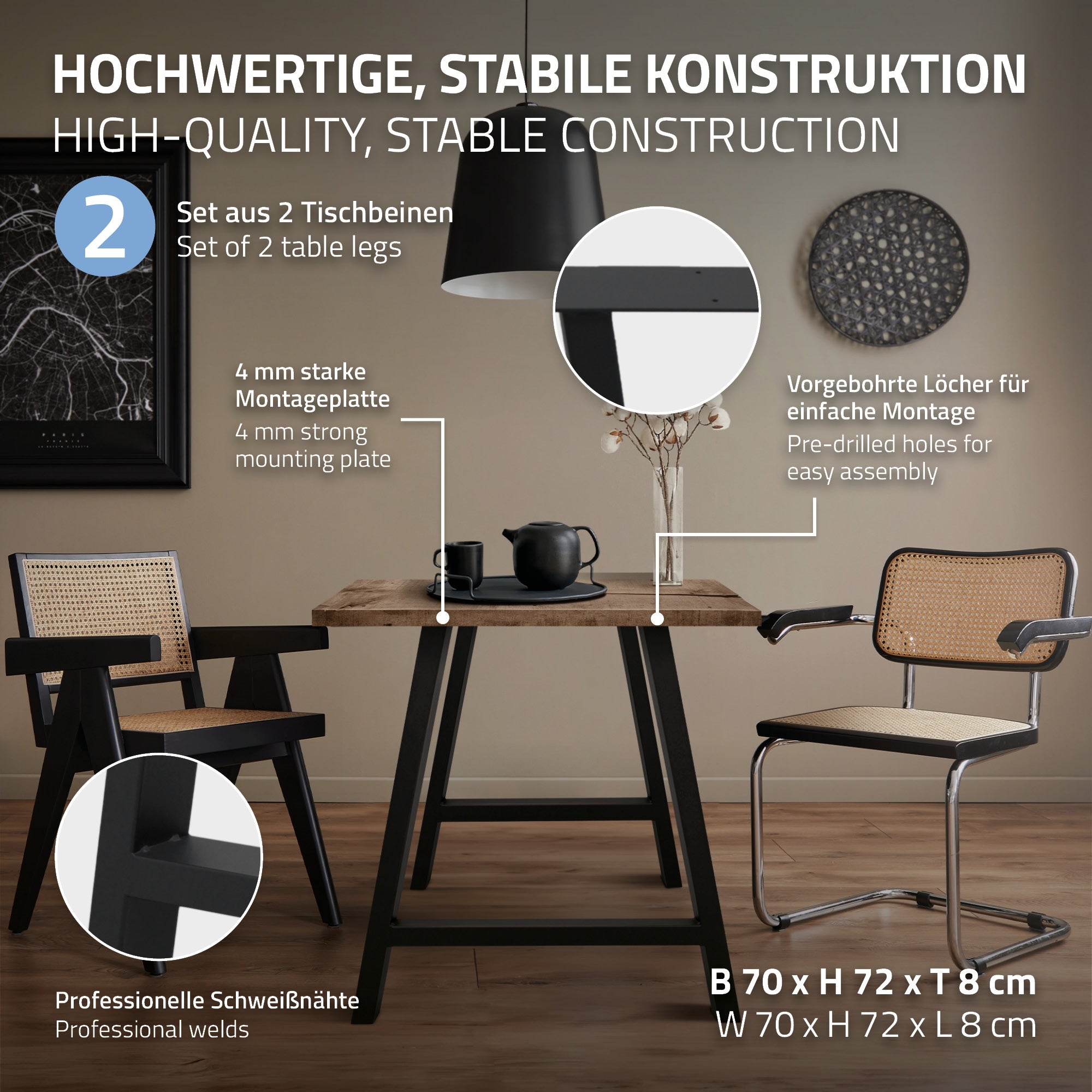 Zwei Tische mit stabiler Konstruktion, einer mit schwarzem Gestell und Holzplatte.