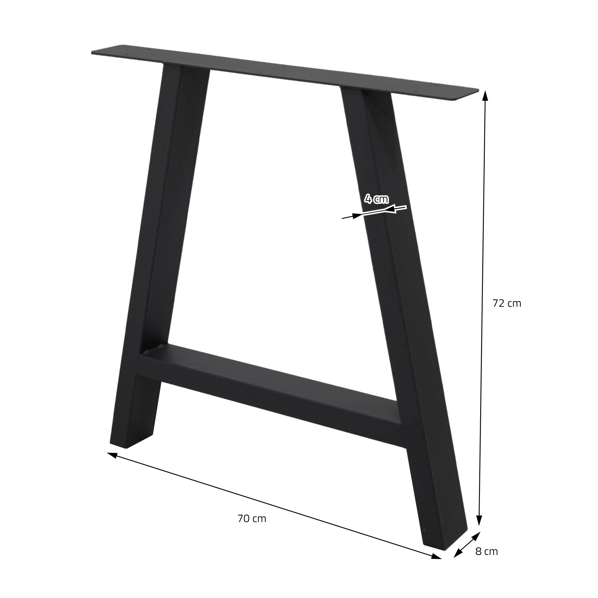 Musta pöytäkehys mittoineen: 70 cm leveys, 72 cm korkeus, 8 cm syvyys.