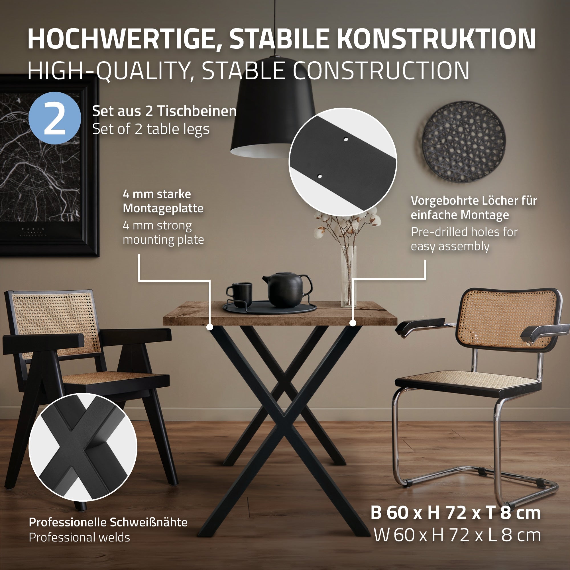 Grafik mit Informationen zu einem Tischset und stabiler Konstruktion.
