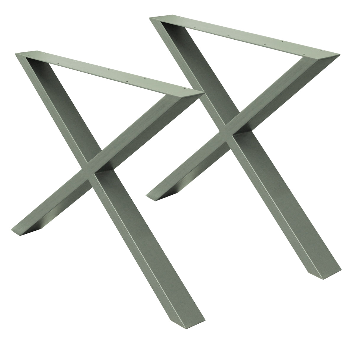 Zwei graue Tischgestelle in X-Form auf weißem Hintergrund.