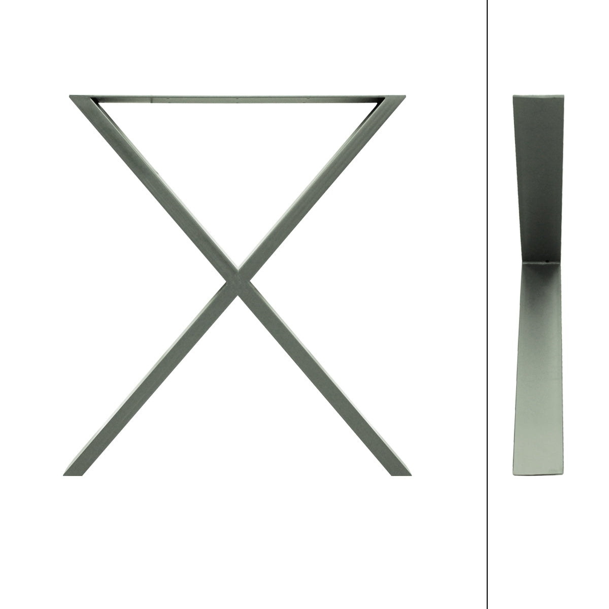 Ein Tischgestell in X-Form, in Olivgrün, ohne Tischplatte.