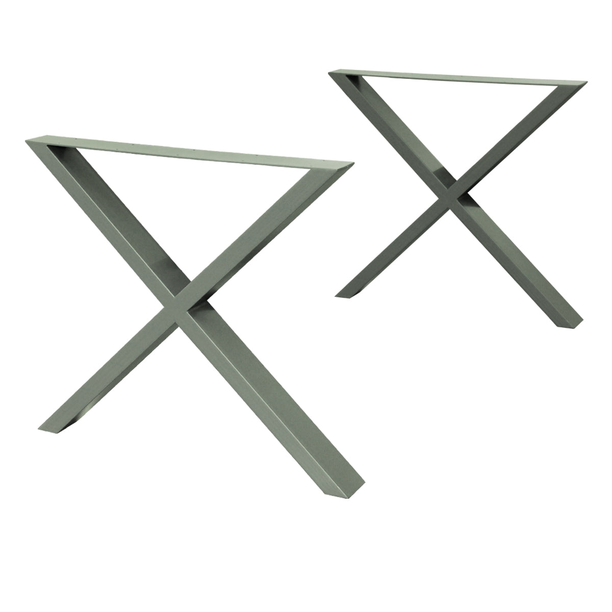 Zwei Tischbeine in X-Form aus grauem Metall.