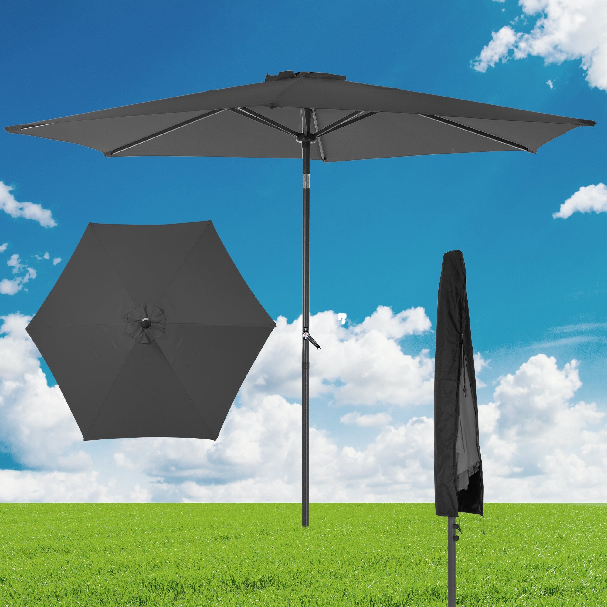Black parasol with measurements, set up and folded.