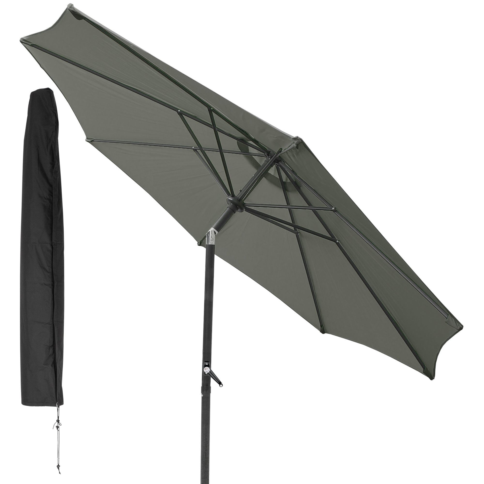 A large parasol in olive green, on a stand, with a black protective cover.