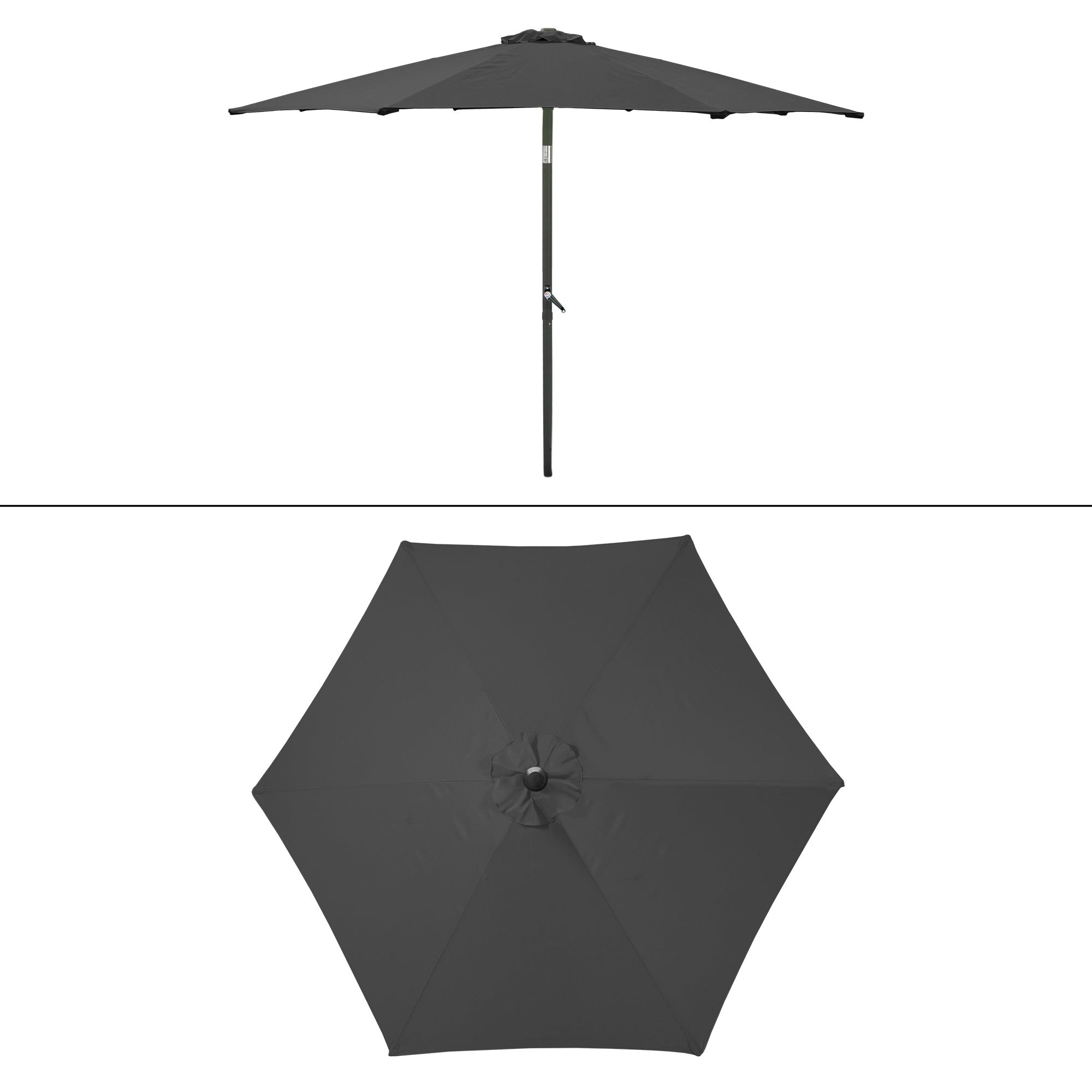 Mørkegrå parasol, set ovenfra, med en central knap.