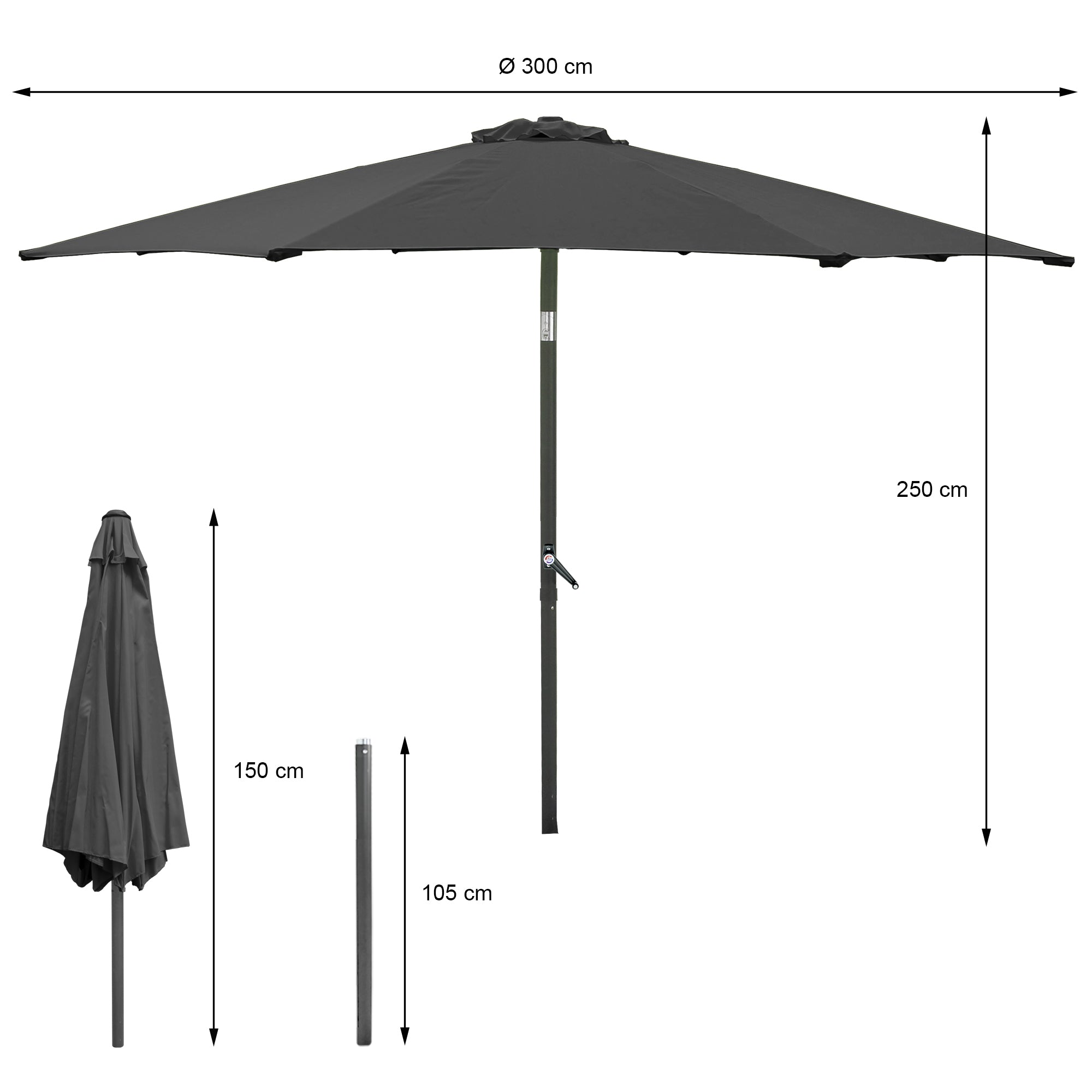 Technical drawing of a black sun umbrella with dimensions.