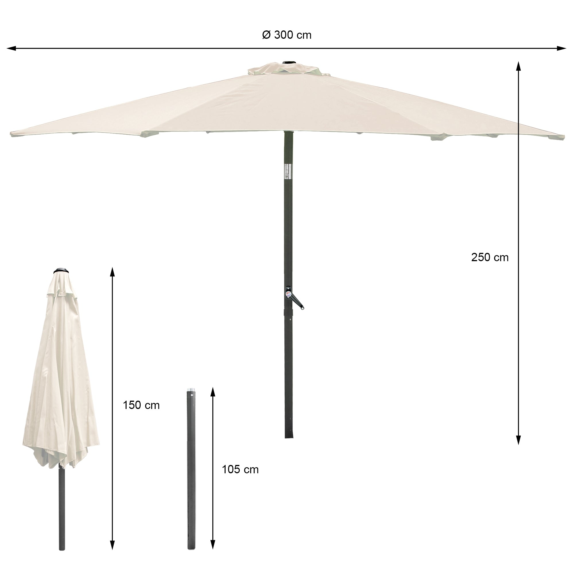 Sun umbrella with measurements and in a folded state.