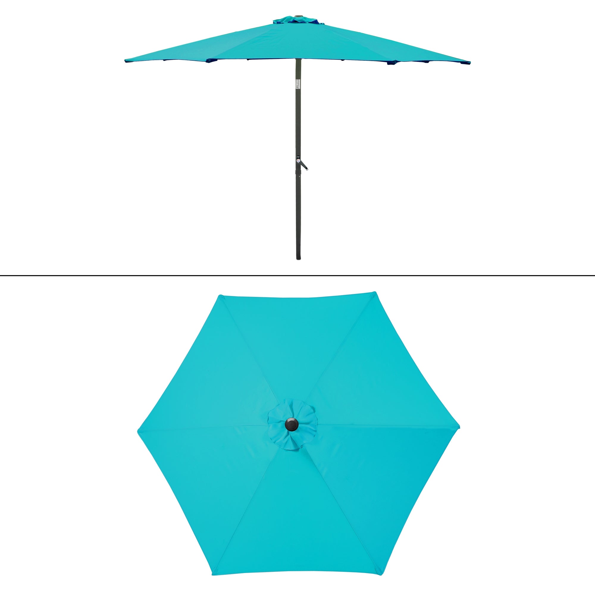 Turquoise parasol with a central stand and a round shape.