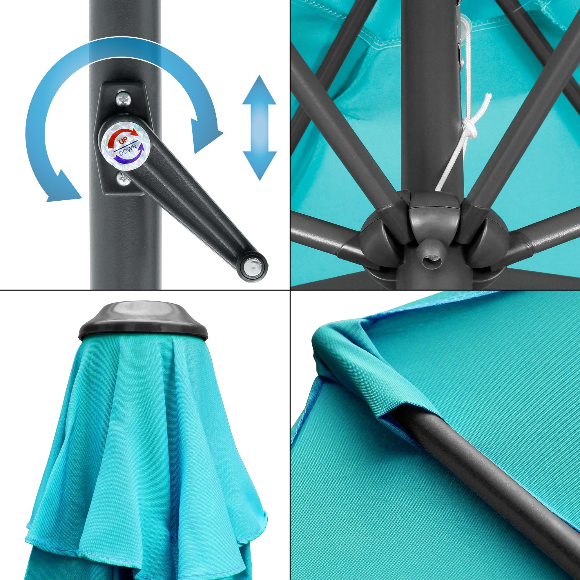Detailed view of a parasol with a crank and fabric cover.