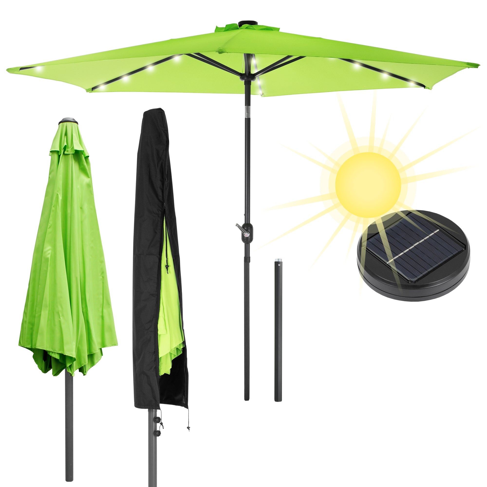 Grüner Sonnenschirm mit Solarlicht und Sonnensymbol.