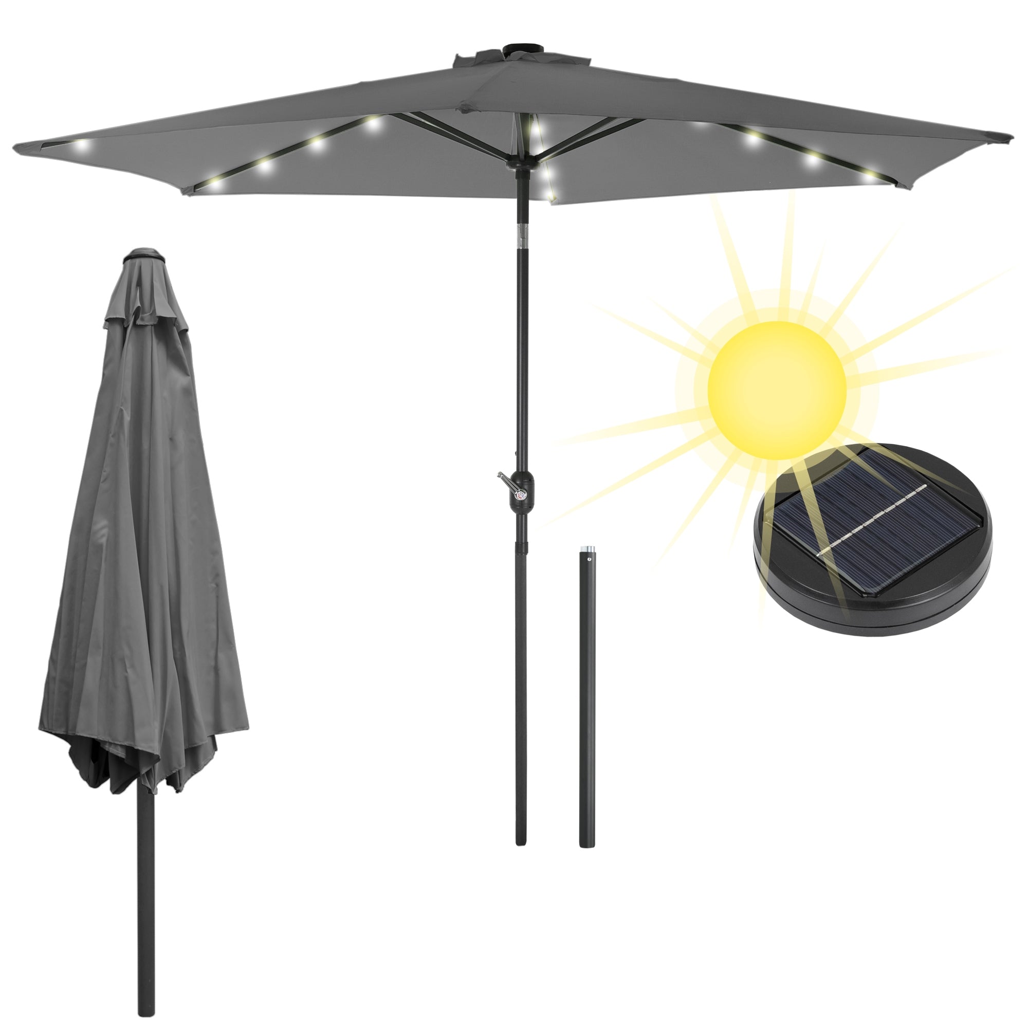 Dunkelgrauer Sonnenschirm mit Solarleuchte und zusammengeklapptem Zustand.