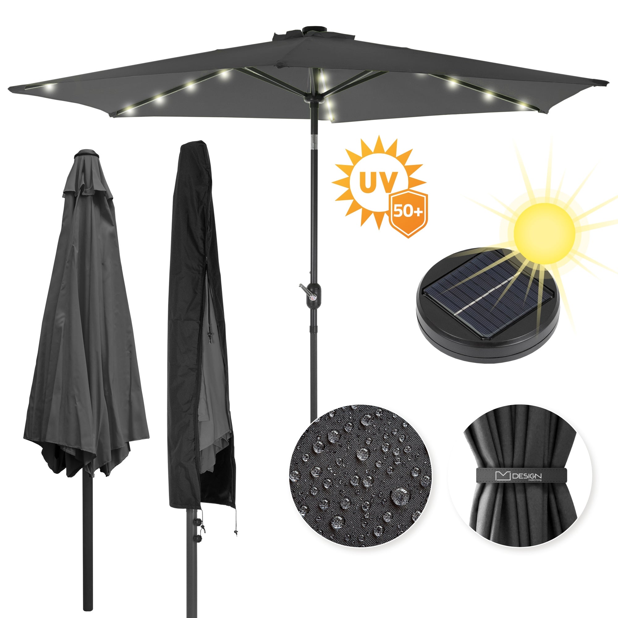 A black parasol with LED lighting, opened, next to a protective cover.