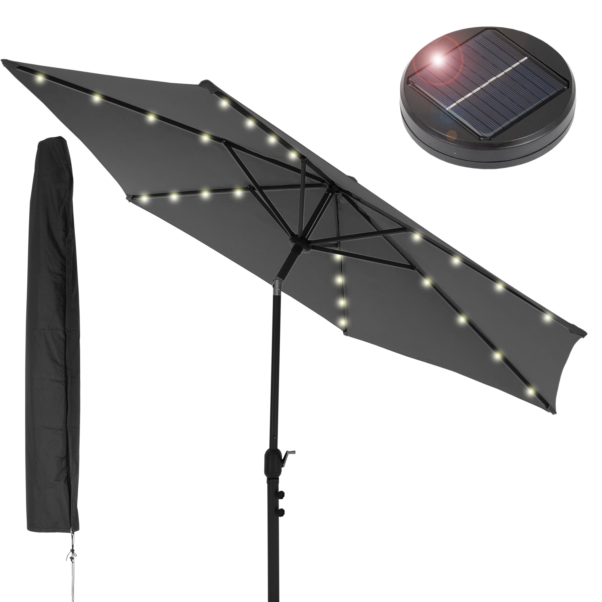 Schirm mit integrierten Lichtern und Solarpanel.