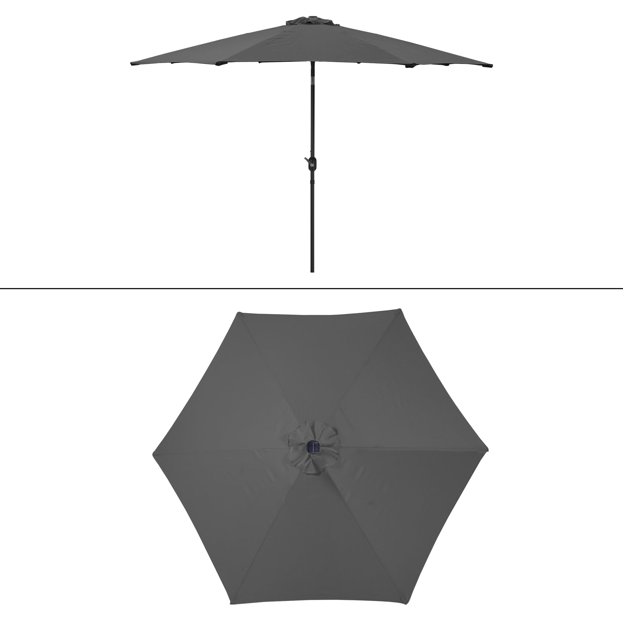 Gray parasol in open and folded state.